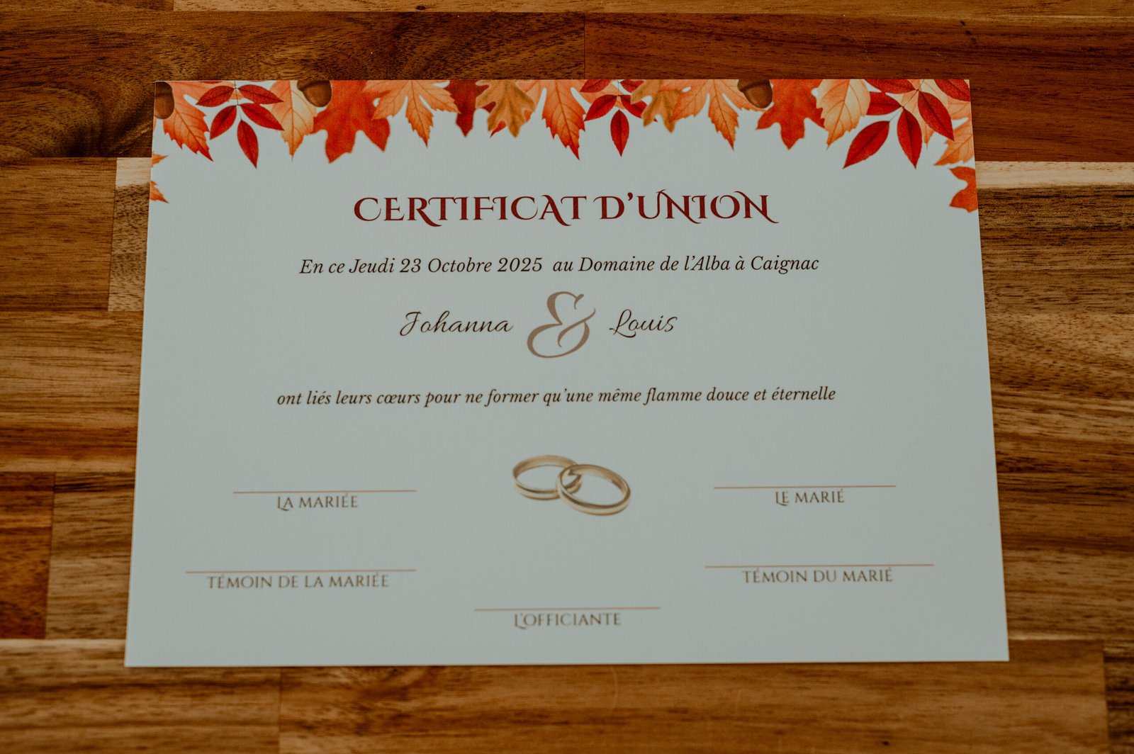 certificat d'union mariage