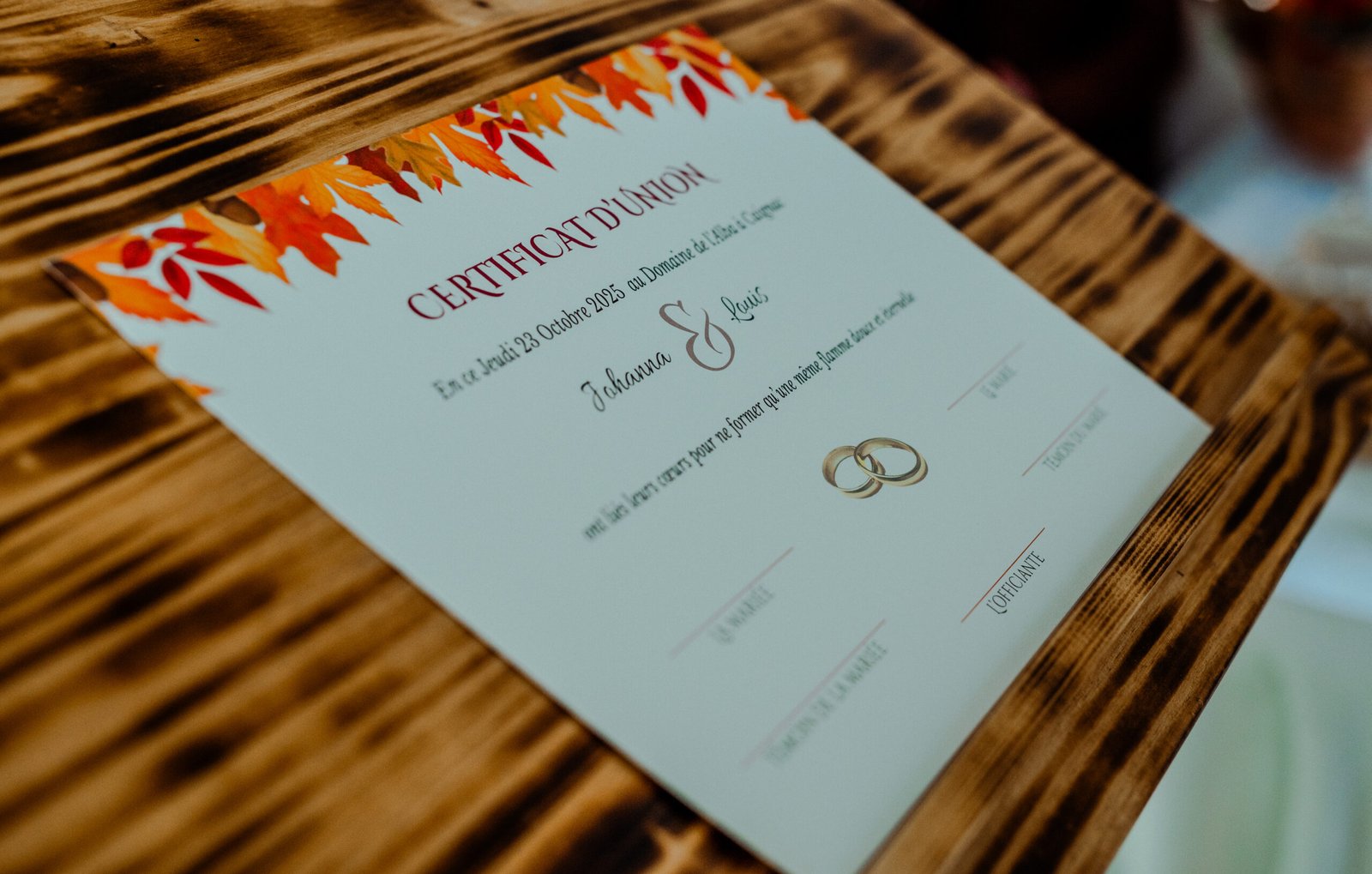 certificat d'union mariage automne