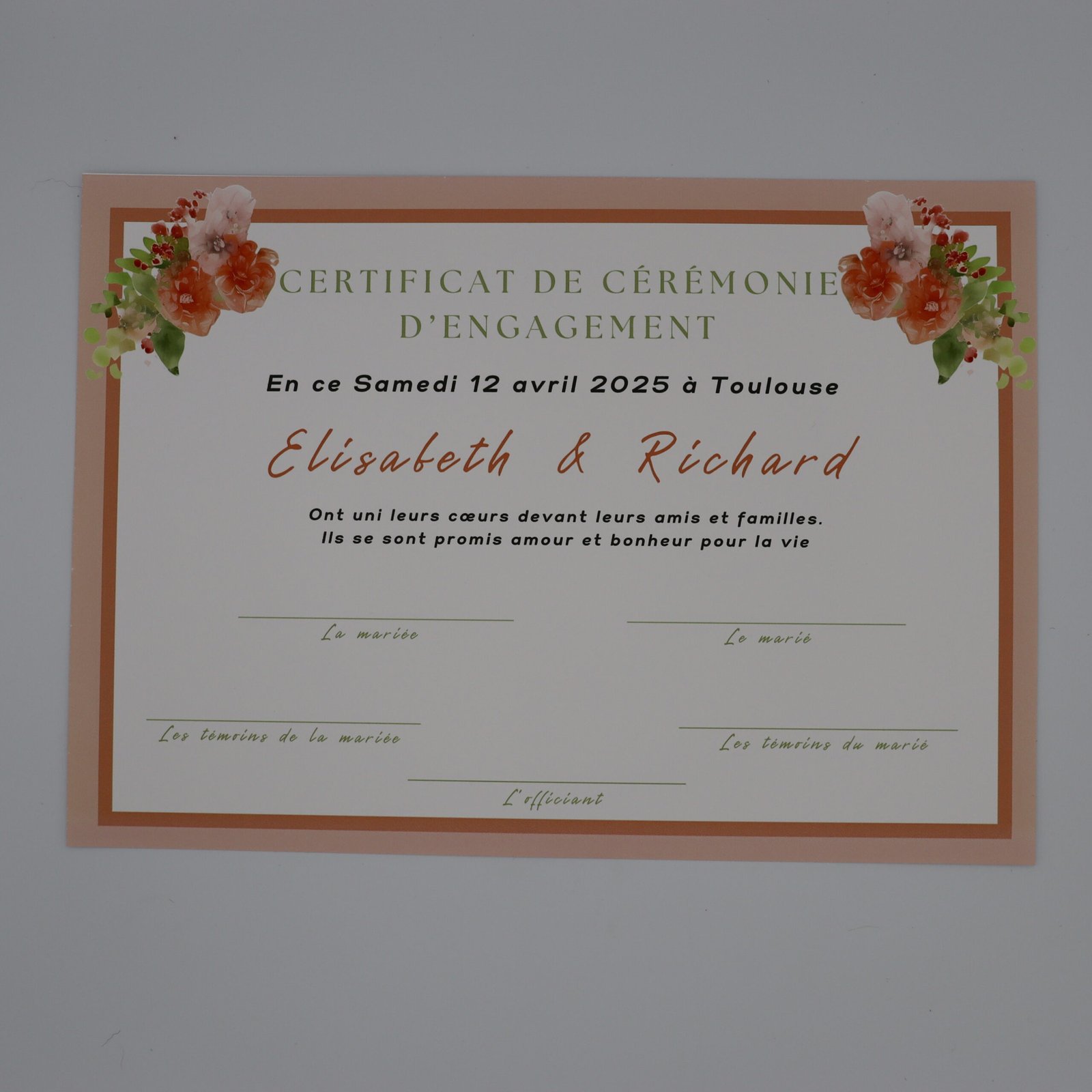 certificat d'union mariage champêtre chic