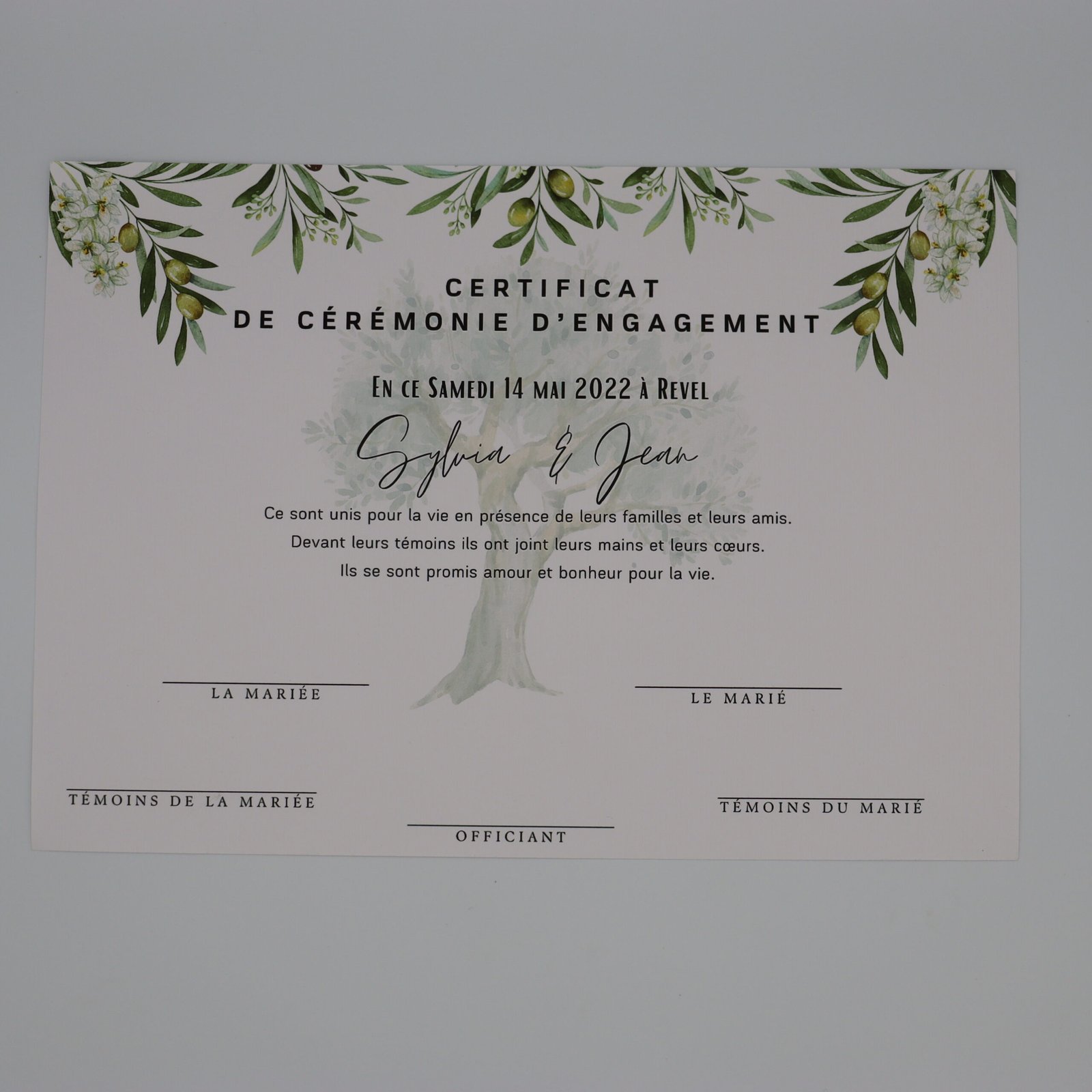 certificat d'union olivier