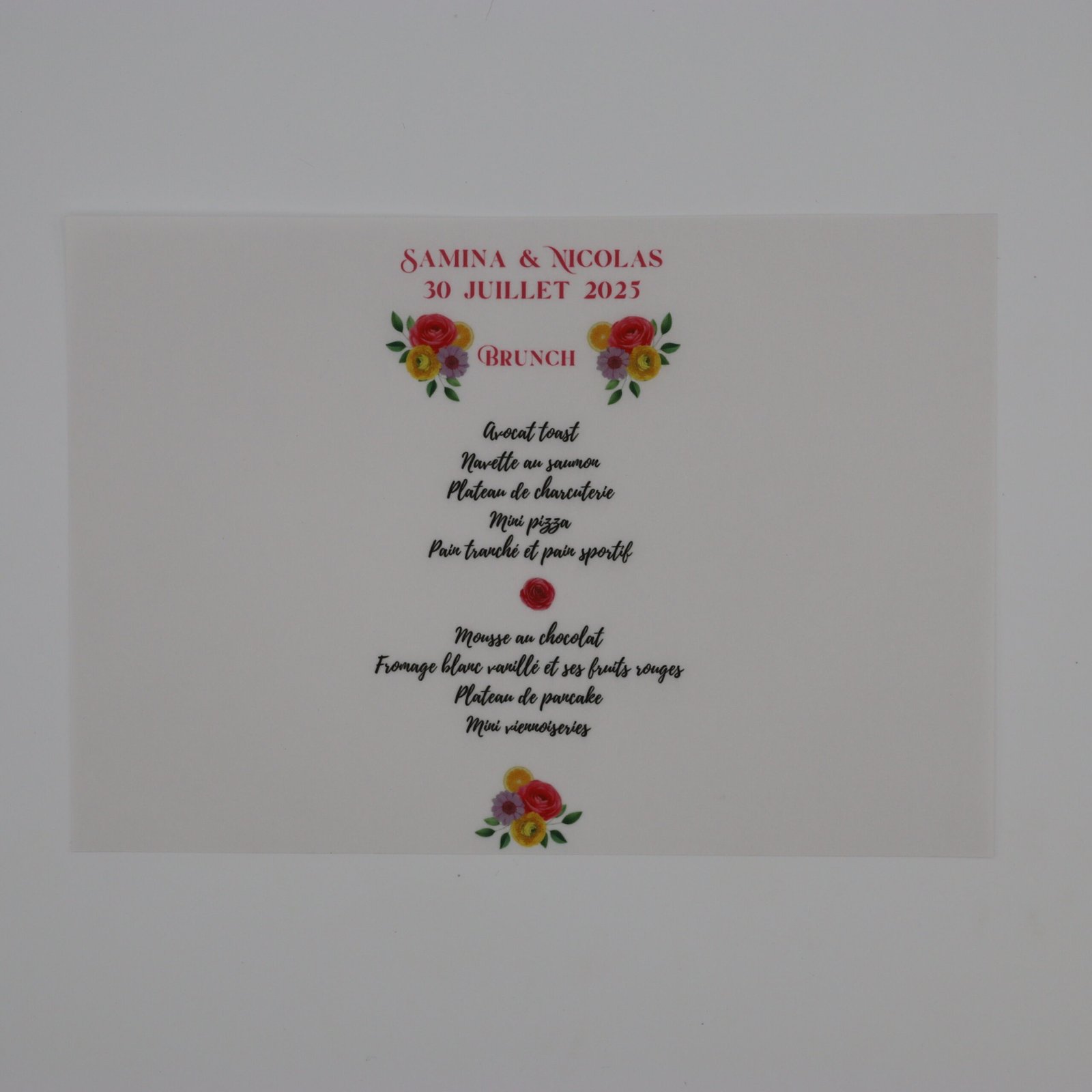 menu photophore mariage coloré